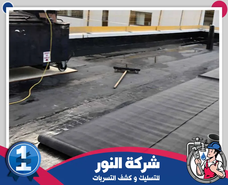 شركة عزل اسطح بالطائف | 0546824999 | شركة النور رجل يعمل على سطح مبنى، مستخدماً سلماً للوصول إليه، وهو يمثل شركة لعزل الأسقف في الطائف.