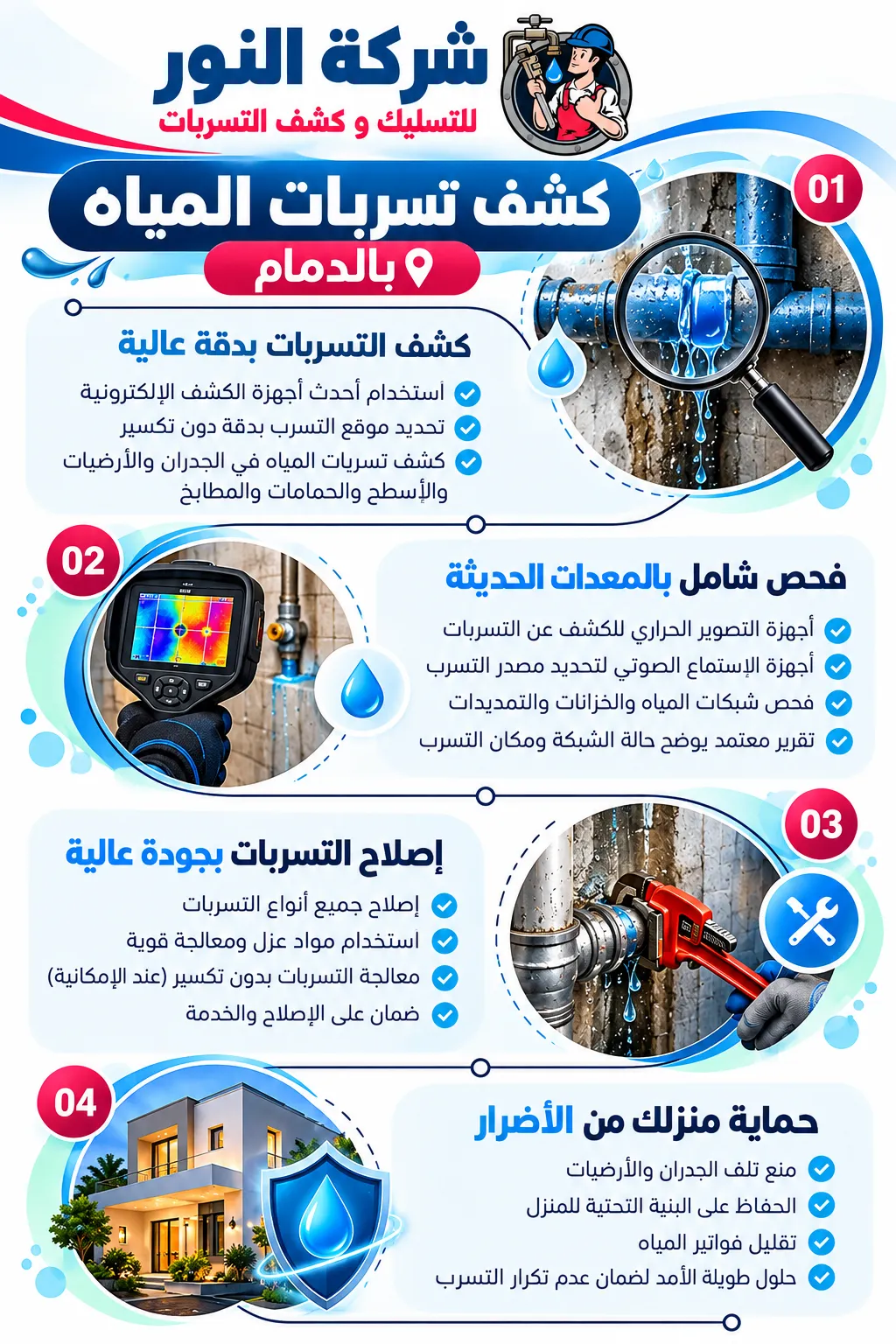 كشف تسربات المياه بالدمام بأجهزة حديثة وإصلاح دقيق مميزات كشف تسربات المياه بالدمام من دقة الفحص واستخدام الأجهزة الحديثة وجودة الإصلاح.