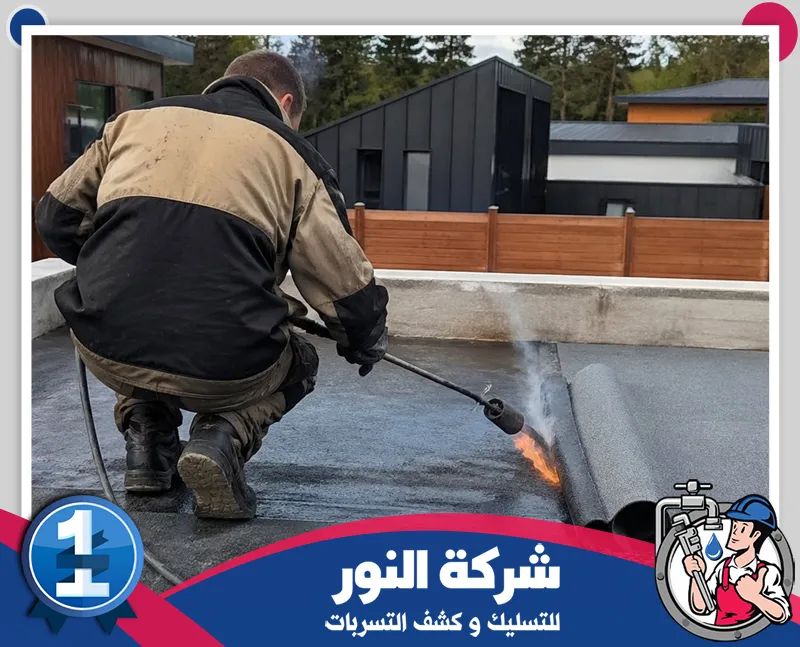 طبقات عزل الأسطح | شركة النور للتسليك عامل يقوم بتجهيز وتطبيق طبقة عزل على حواف سطح المبنى باستخدام أدوات العمل المناسبة، ضمن تنفيذ خدمات شركة عزل اسطح بالنعيرية لحماية الأسطح من تسربات المياه والتلف.