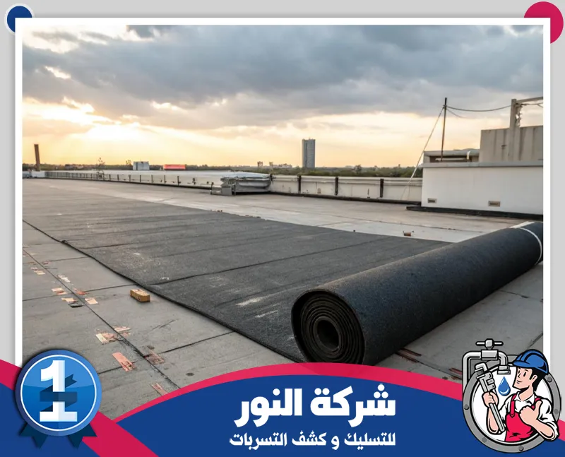 عزل أسطح خرسانية ببقيق | 0546824999 شركة النور وصف الصورة (100 حرف): تركيب لفائف عزل الأسطح ببقيق لحماية المباني من الرطوبة وتسرب المياه وتحسين أداء العزل.