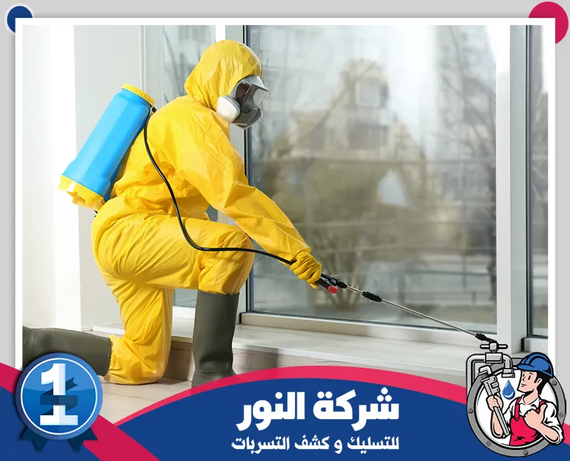 مكافحة البعوض بالدمام | شركة النور | 0546824999 فني مكافحة حشرات بالدمام يرتدي معدات الحماية أثناء رش المبيدات داخل المنزل للقضاء على الآفات.