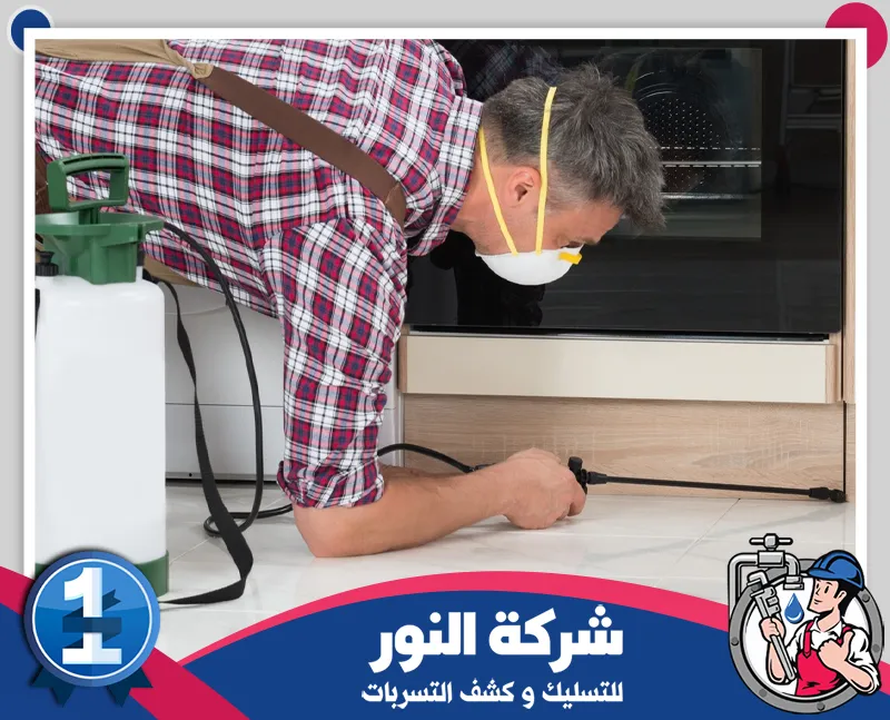 مكافحة الصراصير بالظهران داخل المطابخ فني يرش المبيدات أسفل وحدات المطبخ ضمن أعمال مكافحة الصراصير بالظهران