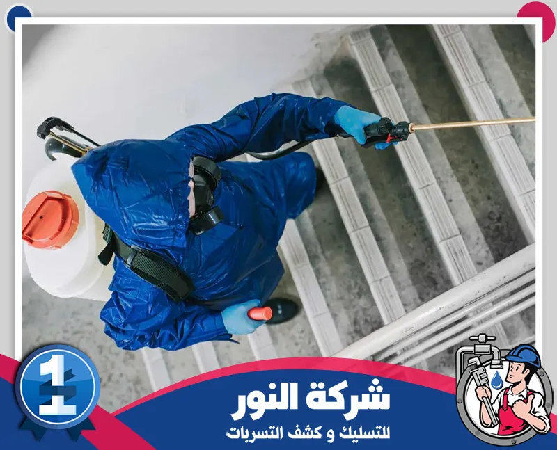مكافحة البعوض بالخفجي| شركة النور رش مواضع انتشار الحشرات داخل المبنى بواسطة فني يرتدي ملابس وقاية ويستخدم معدات مكافحة مخصصة.