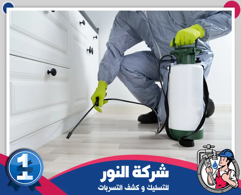 مكافحة الحشرات الزاحفة بالقطيف فني من شركة مكافحة حشرات بالقطيف يرش المبيدات قرب الخزائن والزوايا لمعالجة الحشرات الزاحفة.